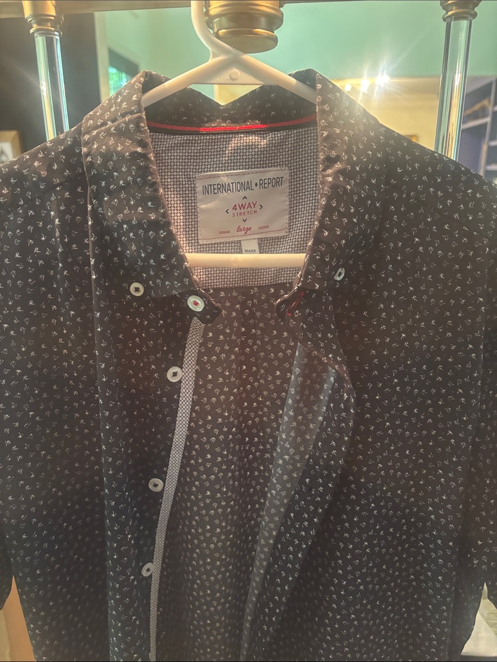 International Report Black Button-Up short sleeve Shirt with Micro Print.